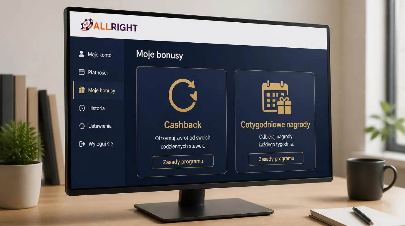 Panel promocji kasyna z kartami cashbacku i cotygodniowych nagród oraz przyciskiem zasad programu